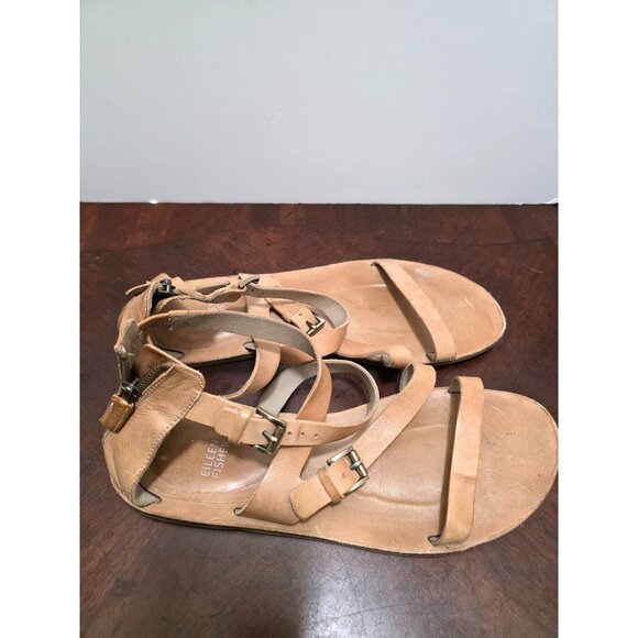 Eileen Fisher Tan Leather Gladiator Sandals With Adjustable Straps & Side Zipper - Picture 3 of 9